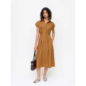 Cider 100% Cotton Collar Cinched Waist Shirt Midi Dress