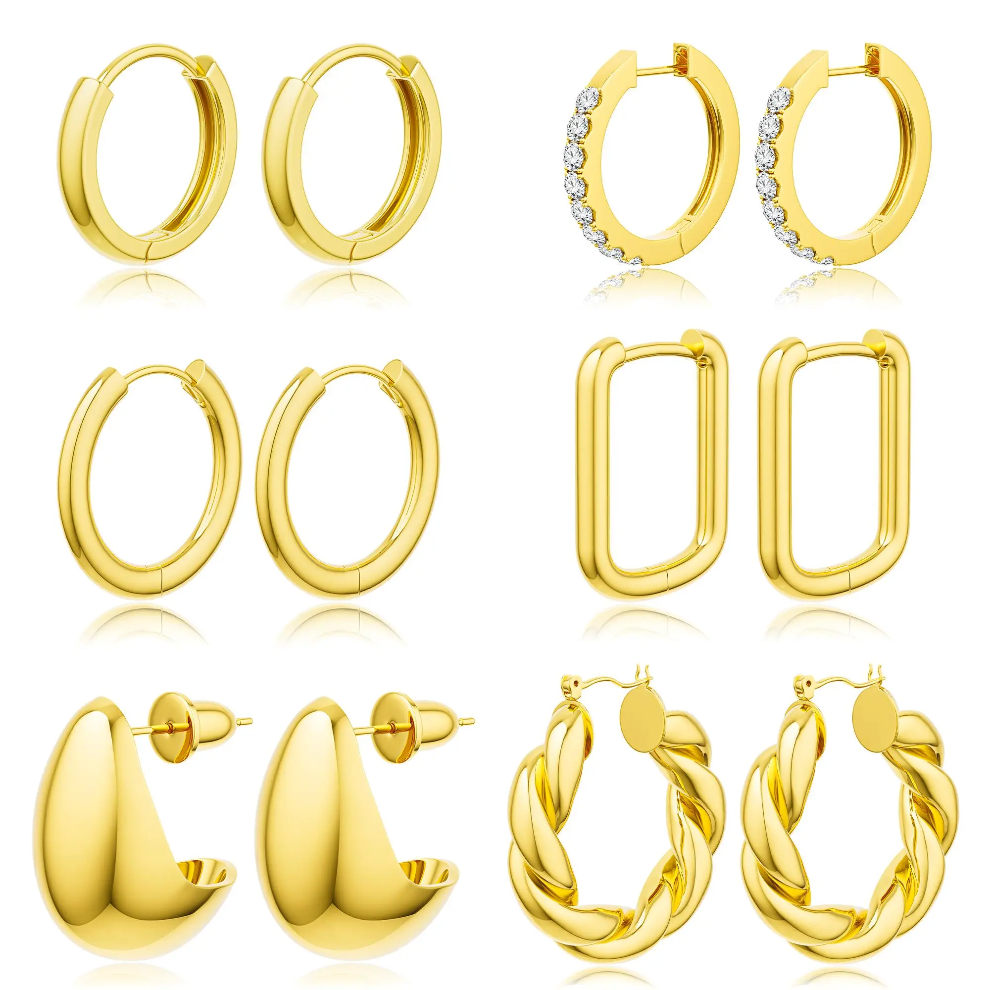 Greenish Spring Jewelry 6 pairs of electroplated thick hoop earrings set for women hypoallergenic thick open fall geometric hoop earrings set for birthday/Christmas gifts