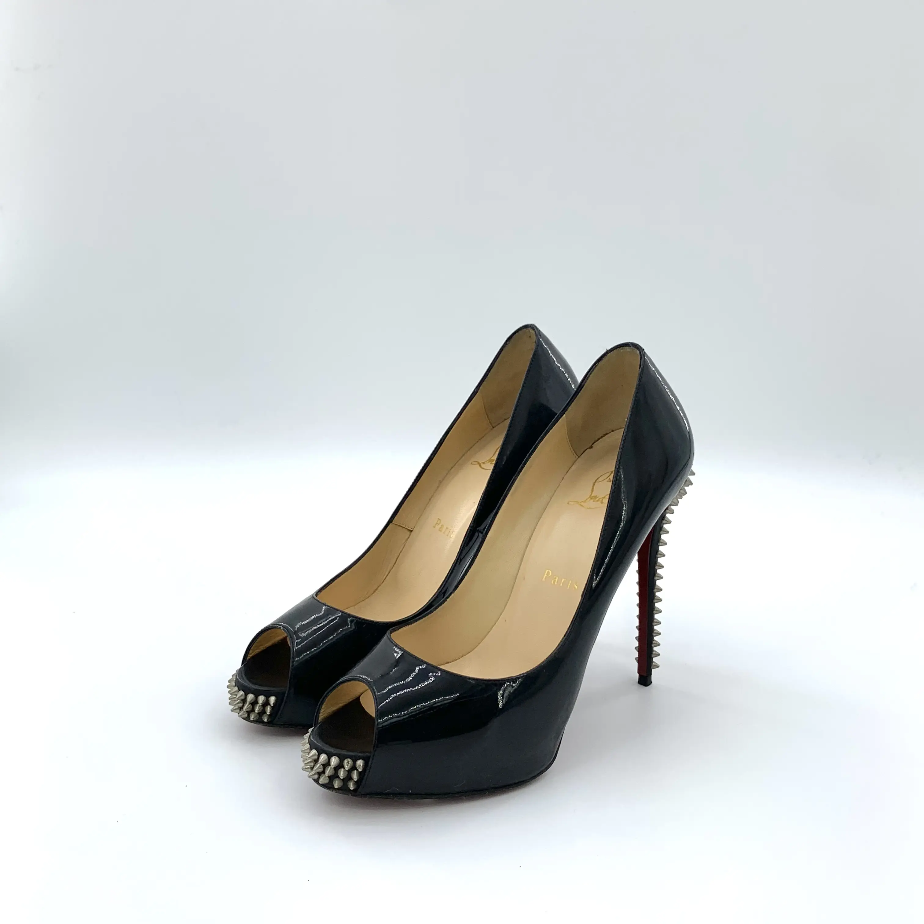 RDLTS— Christian Louboutin Black Studded Peep-Toe Platform Heels Size US 7.5
