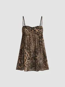 Chiffon Leopard Bowknot Oversized Mini Nightdress