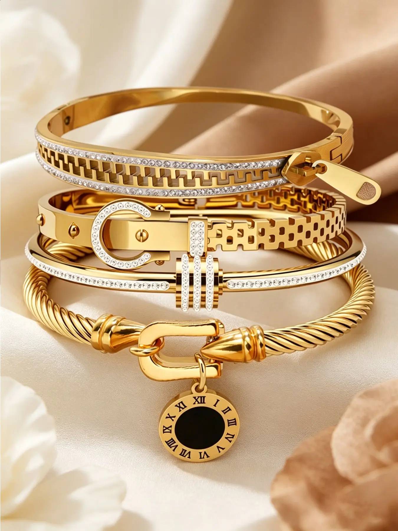 4-Piece Stainless Steel Layered Bracelet Set for Women, Cubic Zirconia Stackable Bangles, Trendy Jewelry for Party & Formal Wear, Holiday Gift