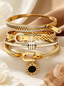 4-piece set of elegant and fashionable jewelry gifts, stainless steel women's bracelet inlaid with zircon, banquet party jewelry bracelet, holiday gift, Trendy Stack Bangle, Stackable Bracelets