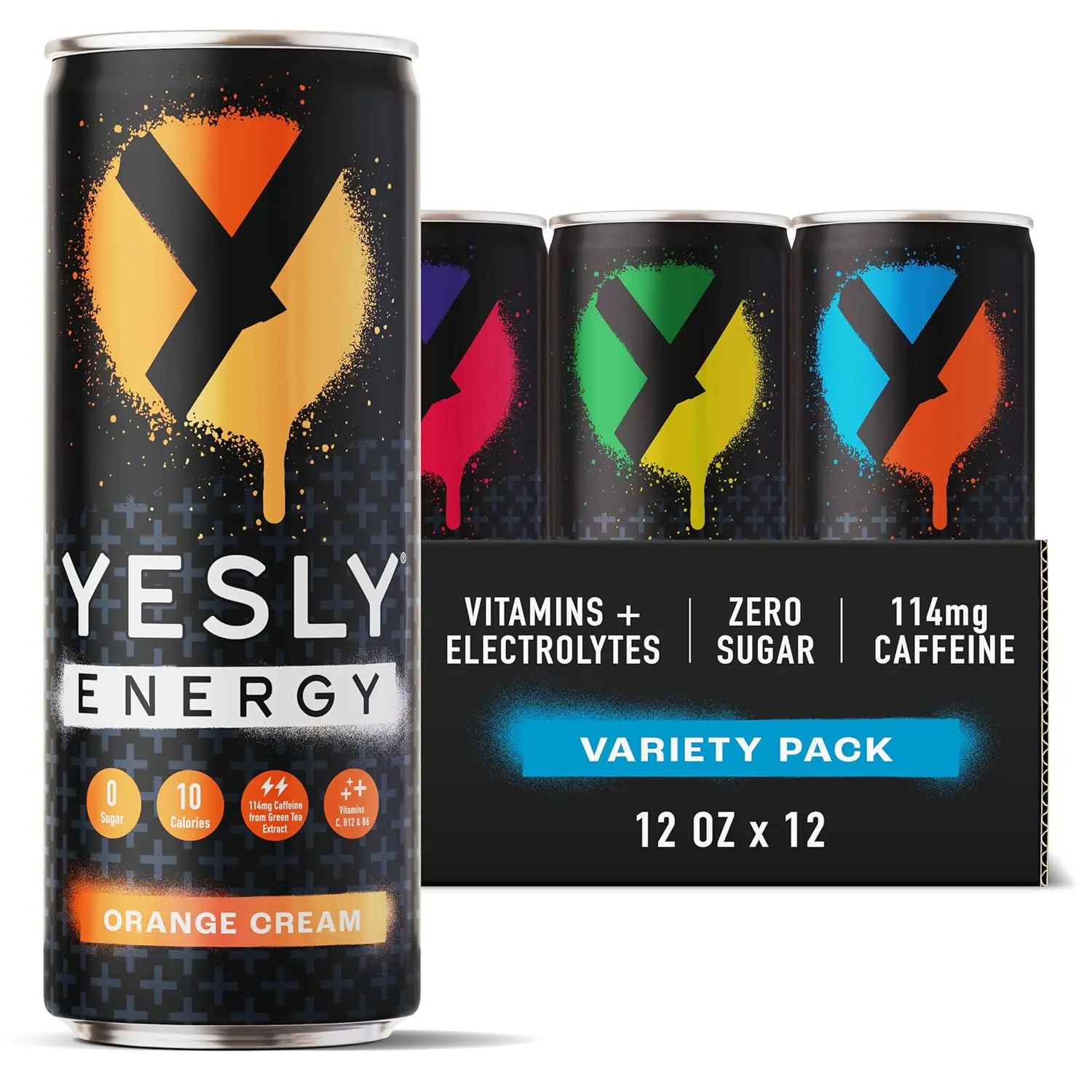 Yesly Energy Drink - Variety Pack - Naturally Flavored Sparkling Energy Drink With Electrolytes, Magnesium, Potassium, Vitamin C, B6 & B12, Natural Caffeine From Green Tea, 12 Fl Oz Cans, 12 Pack