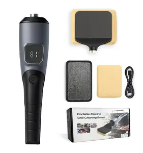 Wire-free electric grill brush. Two-in-one replaceable BBQ cleaning head. Unique seamless-fit scraper tool designed specifically for cast iron/stainless steel grates, safe barbecue grill cleaner.