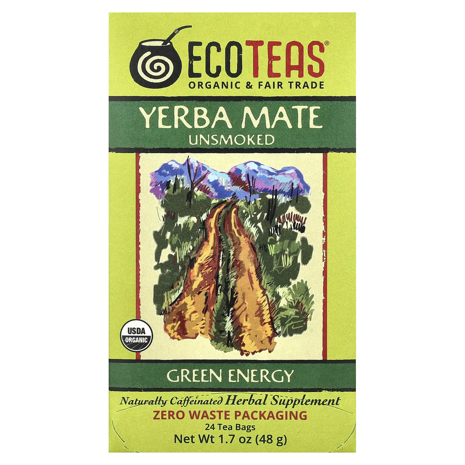 EcoTeas Yerba Mate, Green Energy, Unsmoked, 24 Tea Bags, 1.7 oz (48 g)
