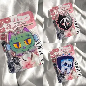 Horror Ghost Mask Cat Phone Grip | Spooky Cute Slasher Movie Kitten Phone Stand | Pastel Goth Black Pink Phone Holder | Creepy Coquette Aesthetic Phone Accessory Gift