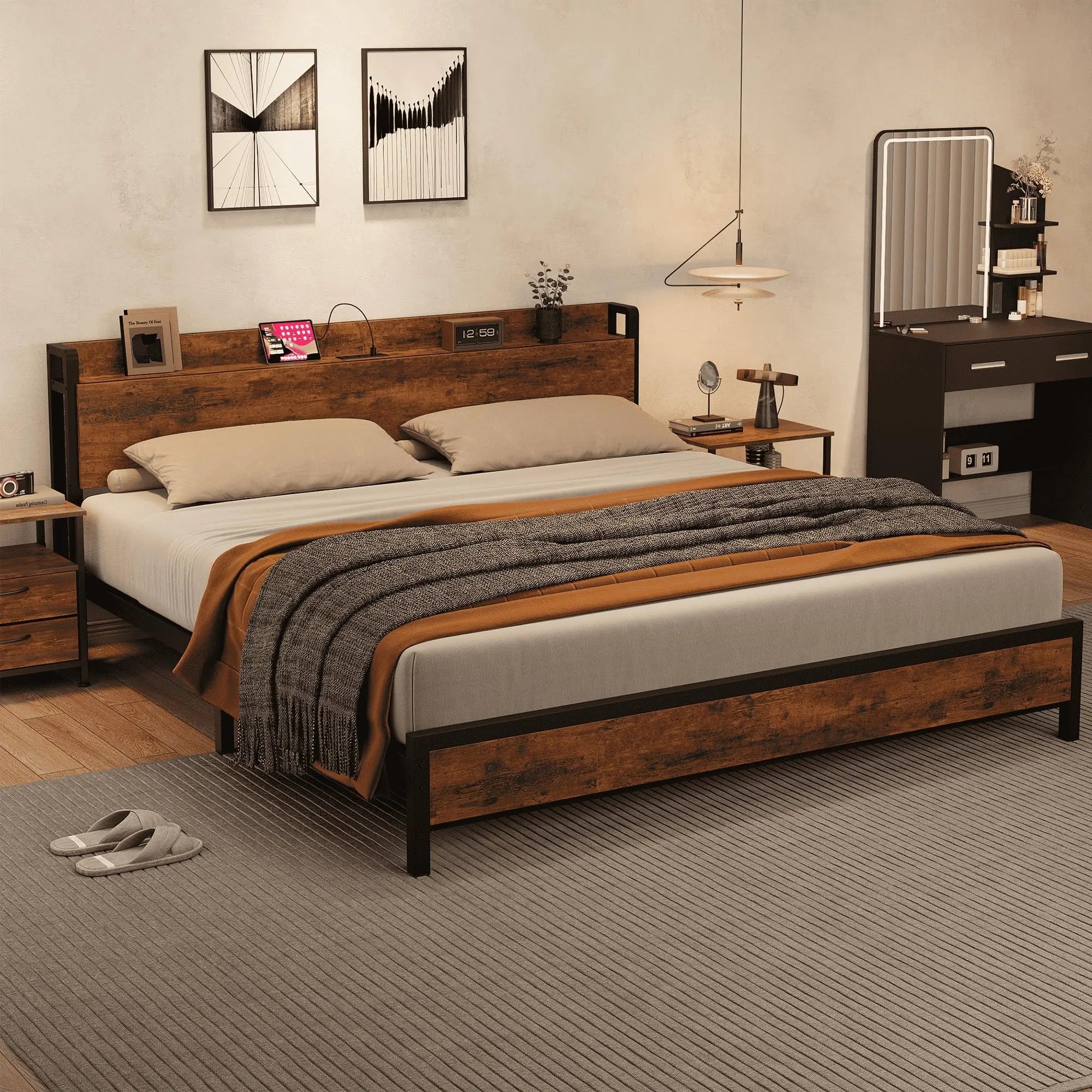 Garvee King Size Bed Frame with Storage Headboard, Industrial Style Platform Bed with Charging Station and USB Ports, No Box Spring Needed, Easy Assembly, Rustic Brown Finish