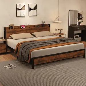 Garvee King Size Bed Frame with Storage Headboard, Industrial Style Platform Bed with Charging Station and USB Ports, No Box Spring Needed, Easy Assembly, Rustic Brown Finish