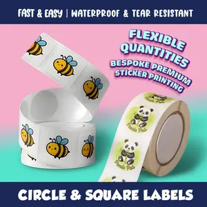 Personalized Weatherproof Labels on Roll | 150 Pack Premium Quality Business Logo Stickers | Circle Square Labels