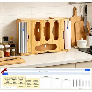 JUMRHFAN Bamboo Food Bag Organizer with Cutter Plastic Wrap Aluminum Foil Dispenser Rack Drawer & Wall Mount Storage for Gallon Quart Snack Sandwich Bags