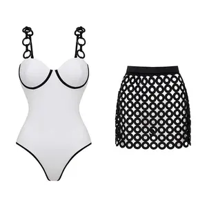 FLAXMAKER Women's Ring Strap Push Up White Black Color Block One Piece Swimsuit and Matching Mini Skirt Set Bathing Suit Stylish Beachwear #Summervibes outdoorfun #SwimWeek