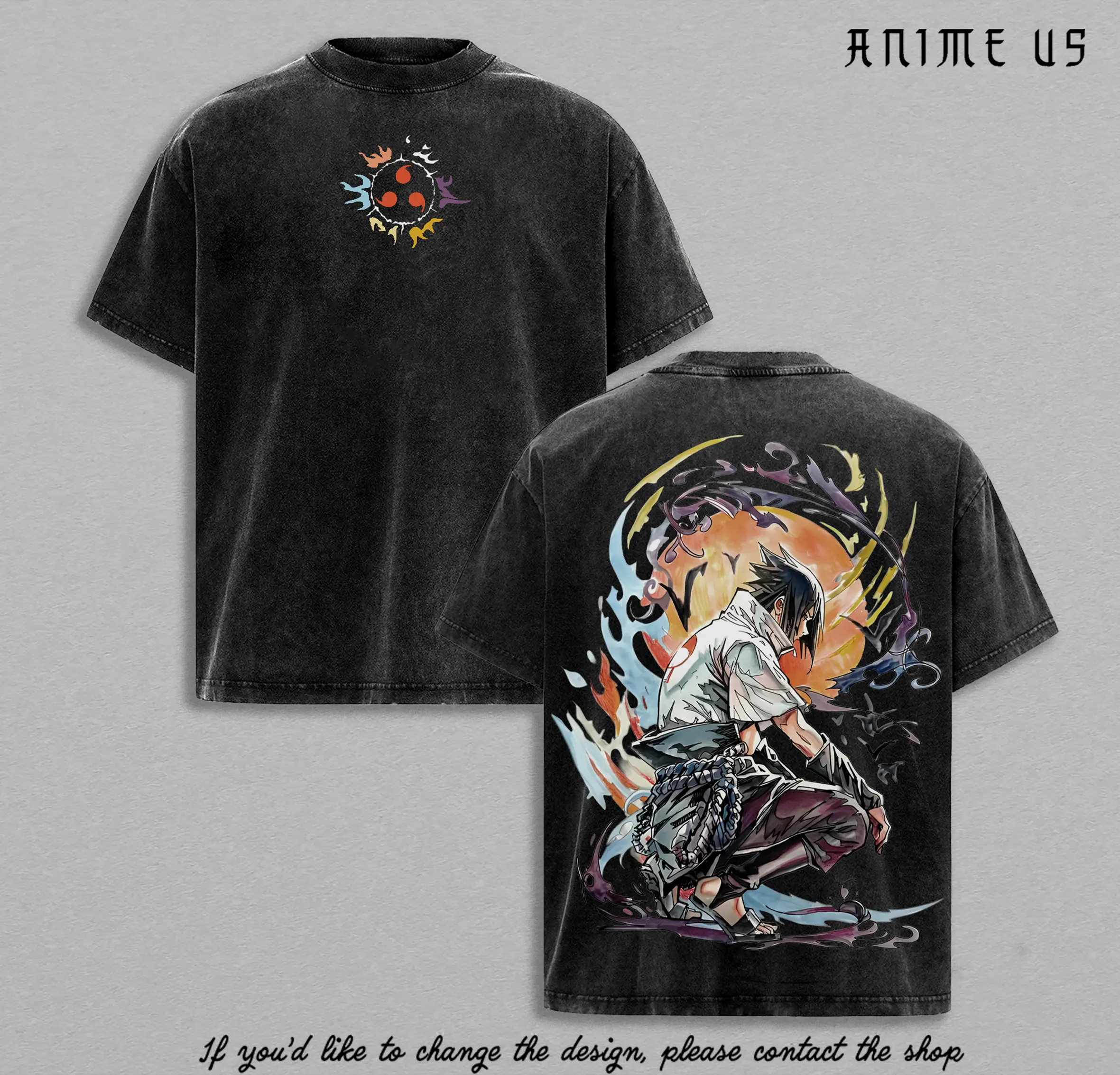 Sasuke Uchiha Vintage Washed Oversized Tee | Eternal Mangekyo Sharingan Graphic Shirt | Fire & Shadow Anime Streetwear | Naruto Inspired Design | Gift for Anime & Manga Fans