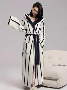 Women's Striped Print Double Sided Fleece Lounge Robe, Casual Long Sleeve Warm Bathrobe, Couple Style Nightgown for Women in Autumn and Winter