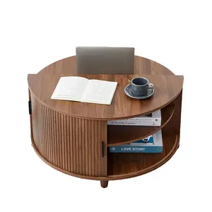 Giratree Round Coffee Table, 31.5"W×31.5"D×17.7"H Fluted Coffee Table with Sliding Doors, Modern Circle Accent Center Table with Storage for Living Room/Apartment/Home Office