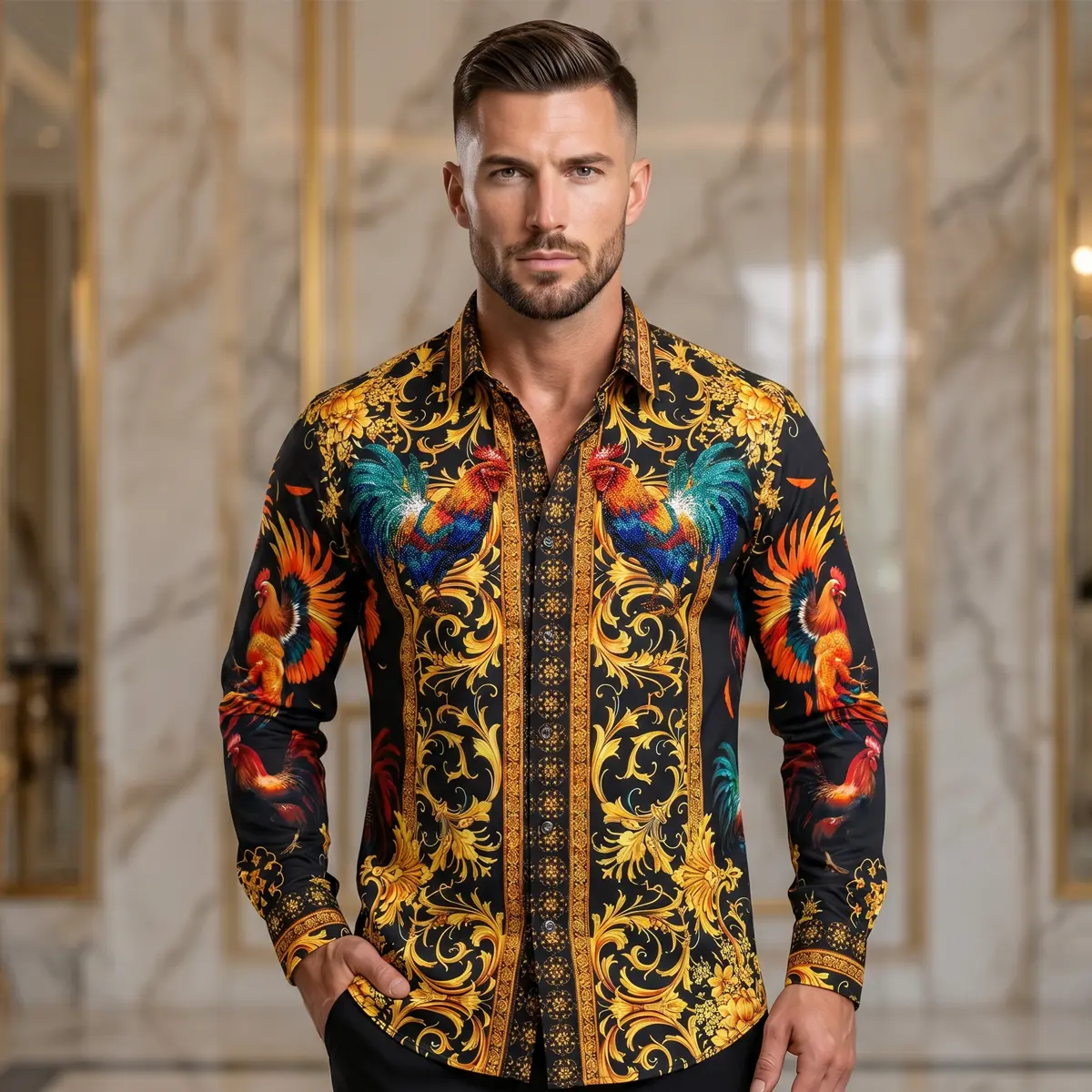 BARABAS Luxury Statement Shirt BS5SPR10 Black - SLIM FIT Stretch Rhinestone-Pint For Men