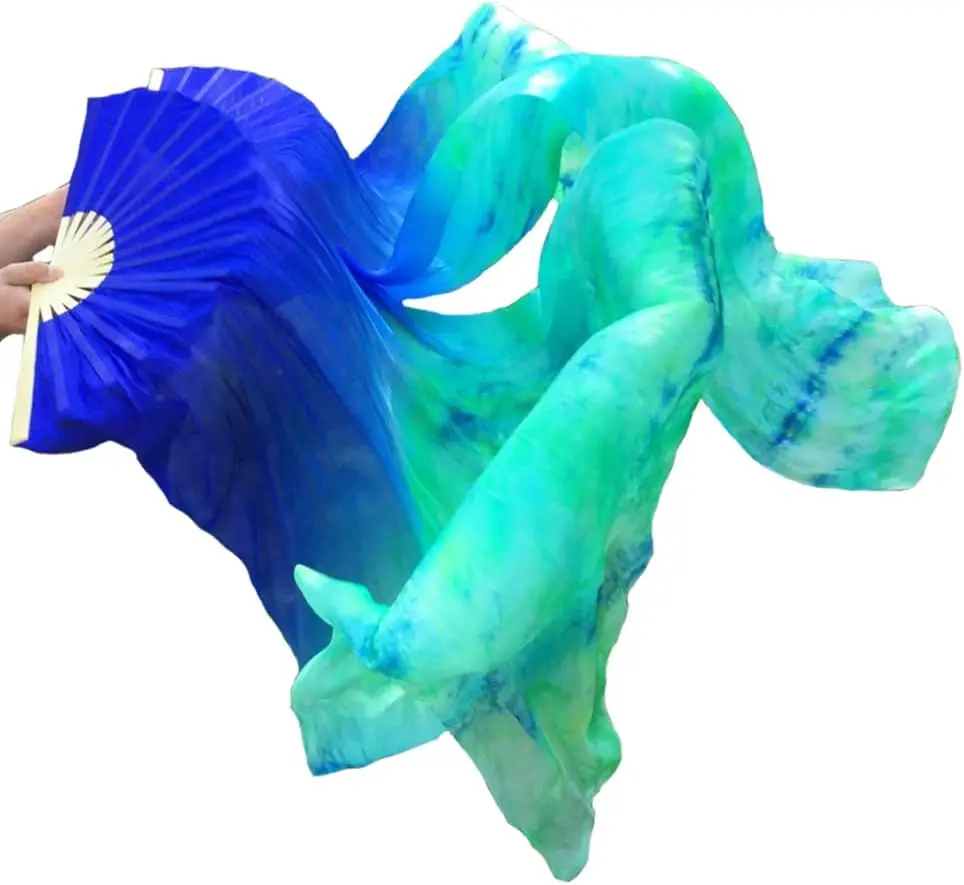 Women 1 Pair (Left+Right) Real Silk Belly Dance Fan Veils Hand Made Colorful Tie-Dyed Dance Fans