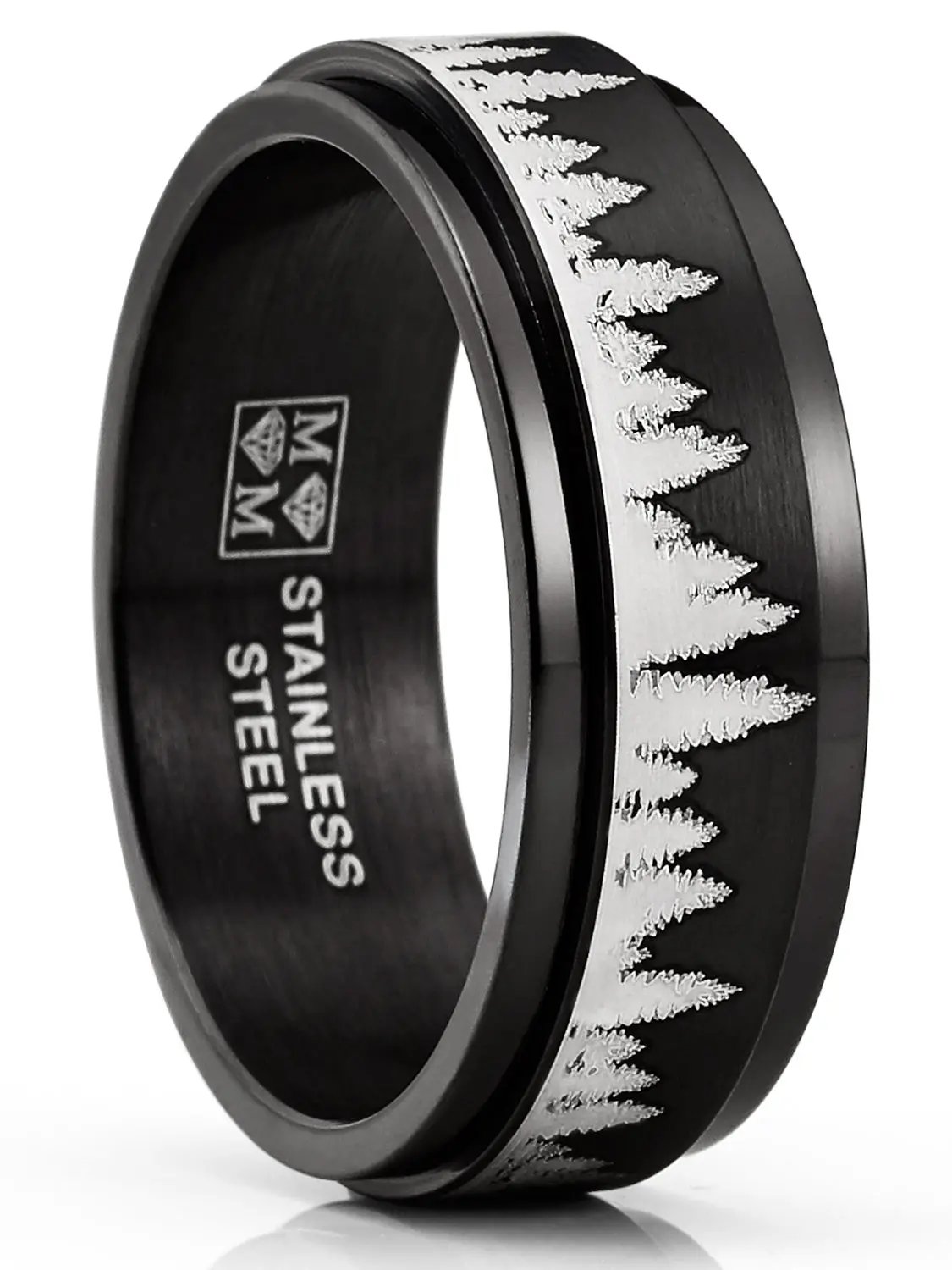 Men's 8MM Hypoallergenic Stainless Steel Forest Trees Spinner Ring - Brushed Finish, Laser Etched, Stress Relief Fidget Band for Outdoor Anxiety Relief, Hypoallergenic Ring, Stress Relief Ring