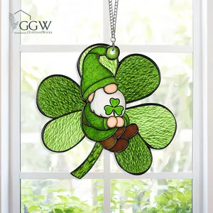 Gnome Shamrock Suncatcher, St Patrick’s Day Gift, Shamrock Window Hanging, Irish Clover Sun Catcher, Lucky Gnome Stained Glass Décor