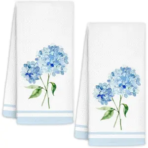 2pcs 23.6x15.7 In Hand Towels With Delicate Light Blue Striped Trim And Watercolor Blue Hydrangea Print | Soft Blend Fabric Absorbent Quick-Drying Durable Lightweight Machine