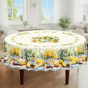 1pc, Spring Summer Themed Party Tablecloth, Lemon Daisy Floral Printed Design, Rectangular/Round/Oval Table Cloth, Embossed Edge, Suitable For Indoor Outdoor Dining Picnic Dinner Dining Room Decoration