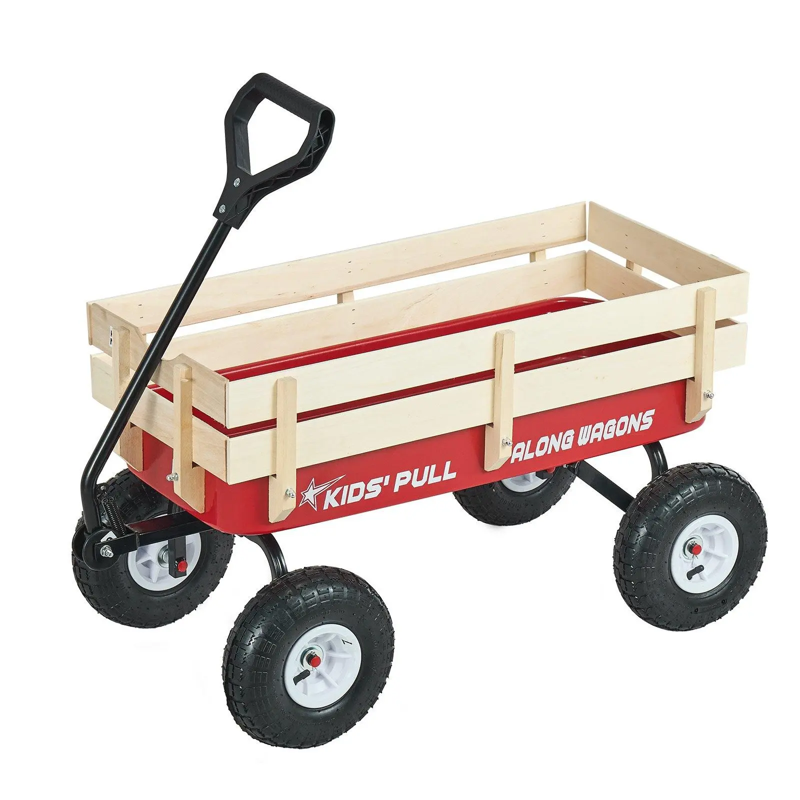 VEVOR Pull-Along Wagon for Kids, 39 inch Toddler Wagons with Wooden Panels & Handle, Supports up to 330 lbs, All-Terrain Utility Wagon Cart Birthday Present for Kids Gardening Beach, Red