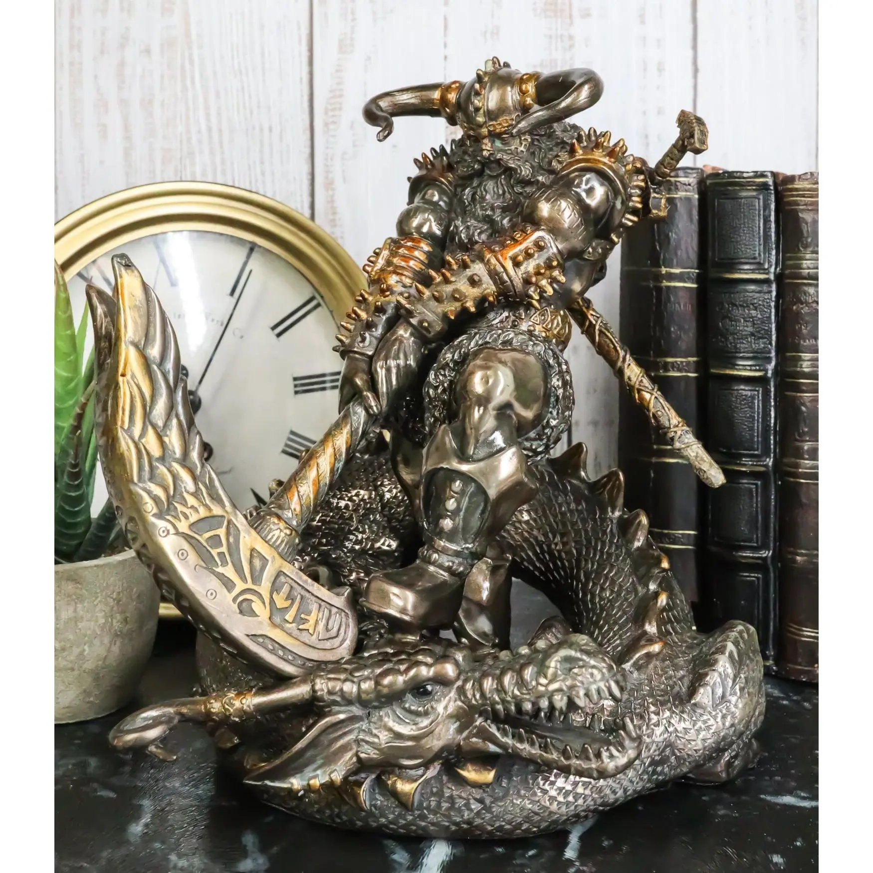 Thor Ragnarok Norse Donar Figurine, Home Decor Statue, 6.5" Deep 7.2" Long 7.75" Tall, Slaying Midgard Dragon With Mjolnir Hammer