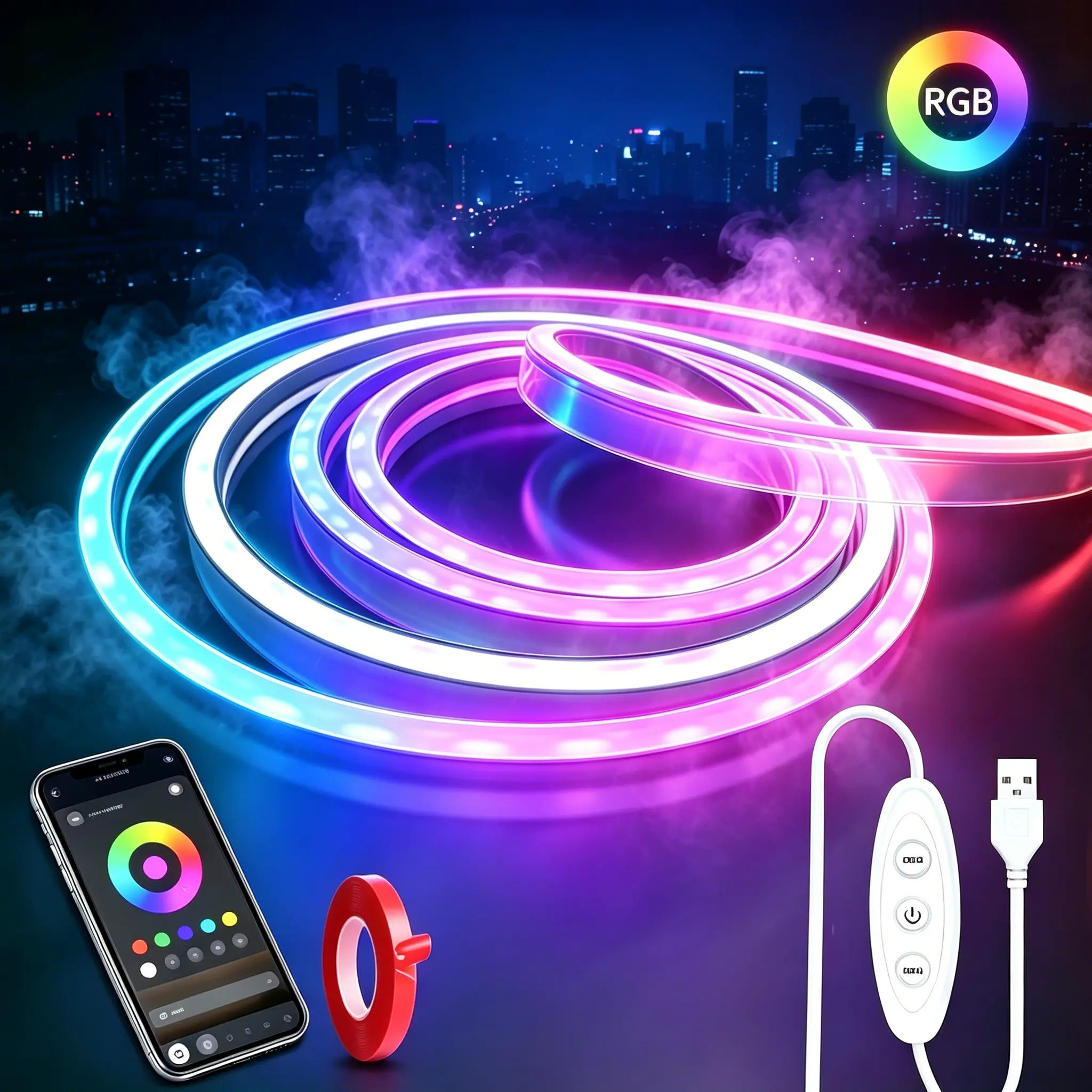 5V USB RGB Silicone Neon LED Strip Lights for Car Decor, App & 3-Key Controller, Music Sync Color Changing Flexible Rope Lights, DIY Custom Lighting for Bedroom Gaming Room, 1/2/3/5M