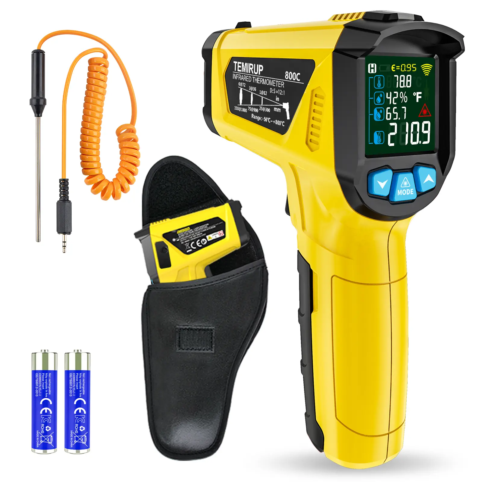 TEMIRUP Infrared Thermometer Gun -58°F~1472°F (-50°C~800°C) Non-Contact Laser Temp Tool, Fast & Accurate with Humidity Sensor & Probe for Cooking/BBQ/Pizza Oven/HVAC/Industrial Work,Heavy Duty Portable adjustable emissivity
