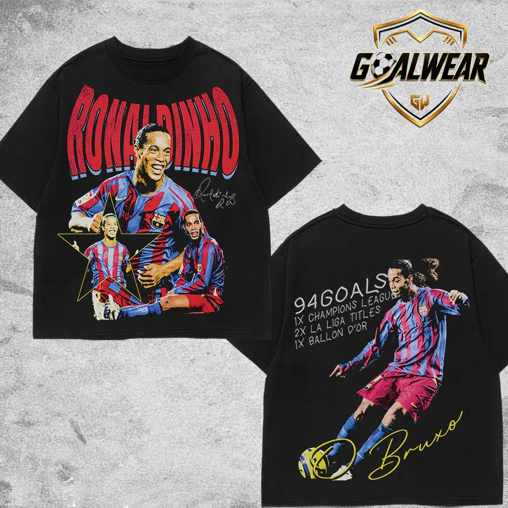 Goalwear - Ronaldinho Legend Graphic Tee Shirt, Vintage Soccer Legend T-Shirt, Red Era Football Icon Tee, Black Oversized Streetwear Shirt, Retro Match Day Fan Gift US