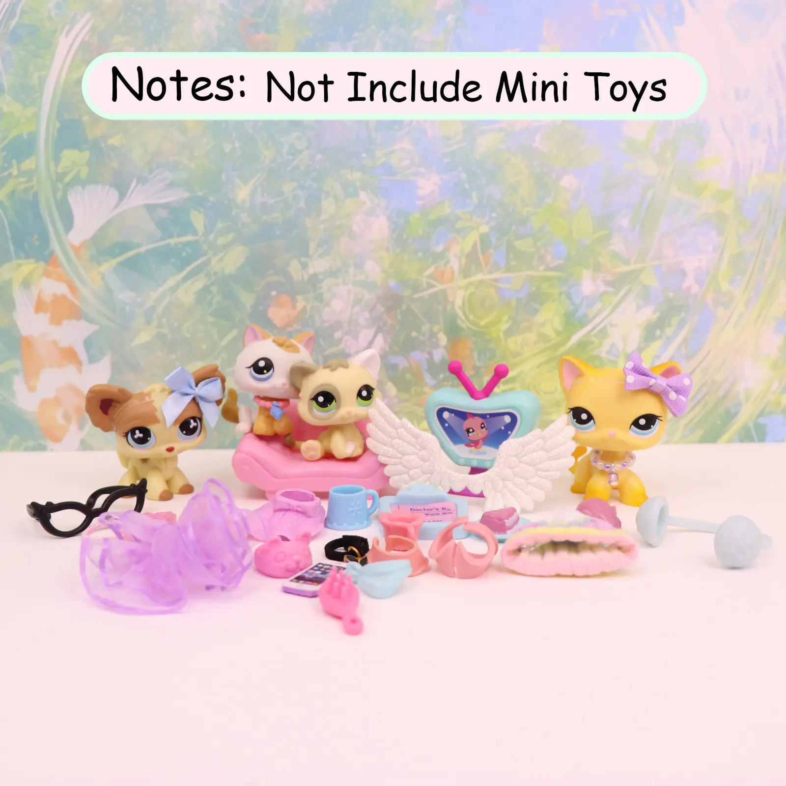 26 pcs Mini Tiny Animal Figure Home Pretend Playset, Pink Sofa Furniture, TV, Doctor Prescription Pad, Knit Outfit, Glitter Angel Wings, Hair Accessories Glasses Headphones Mini Phone Handbag Food Prop, Fashion Doll House Toy Gift for Girls