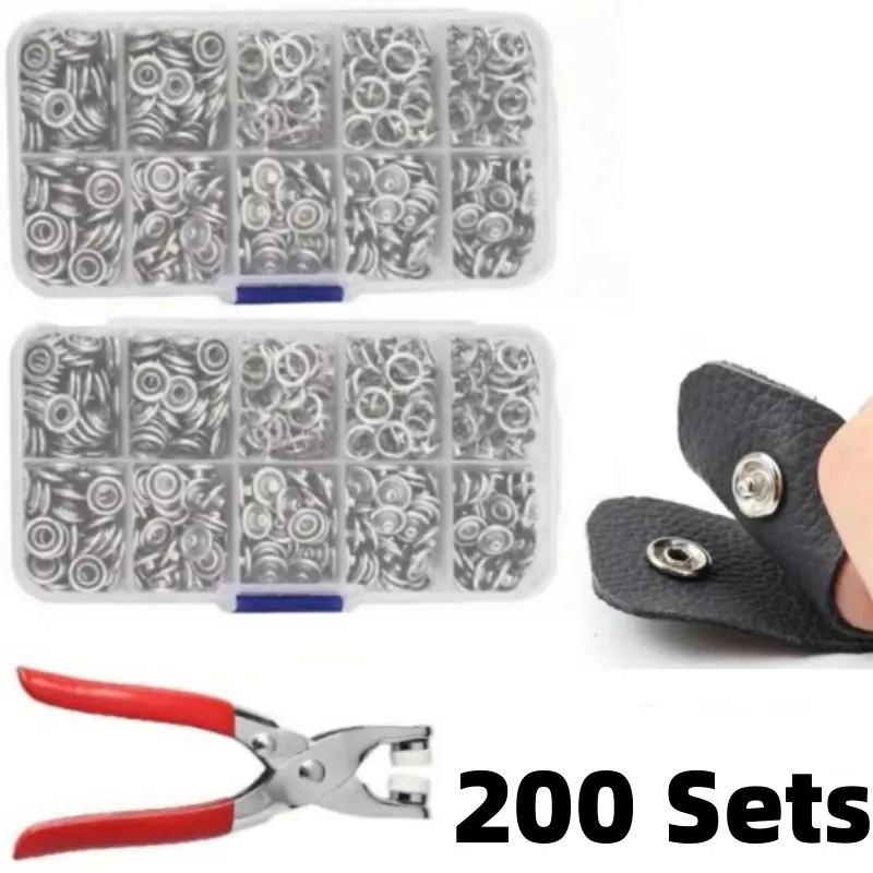 200 sets of buckle kits, equipped with fastener pliers and nail shaped metal buckles, suitable for clothing and synthetic leather production