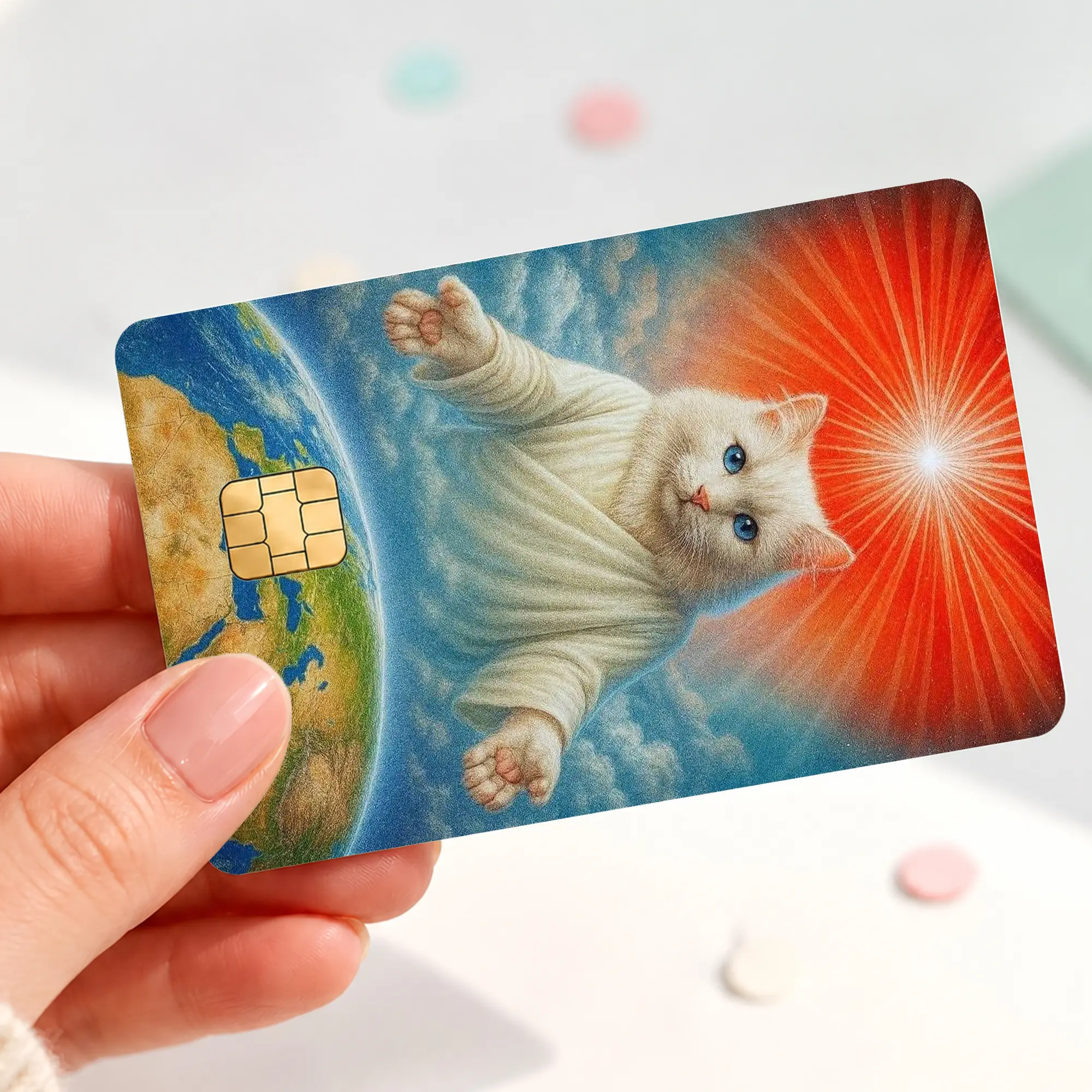 Space Cat Credit Card Skin Sticker, Flying White Kitty Debit Card Cover, Cosmic Earth Bank Card Decal, Funny Galaxy Cat Wallet Wrap Gift