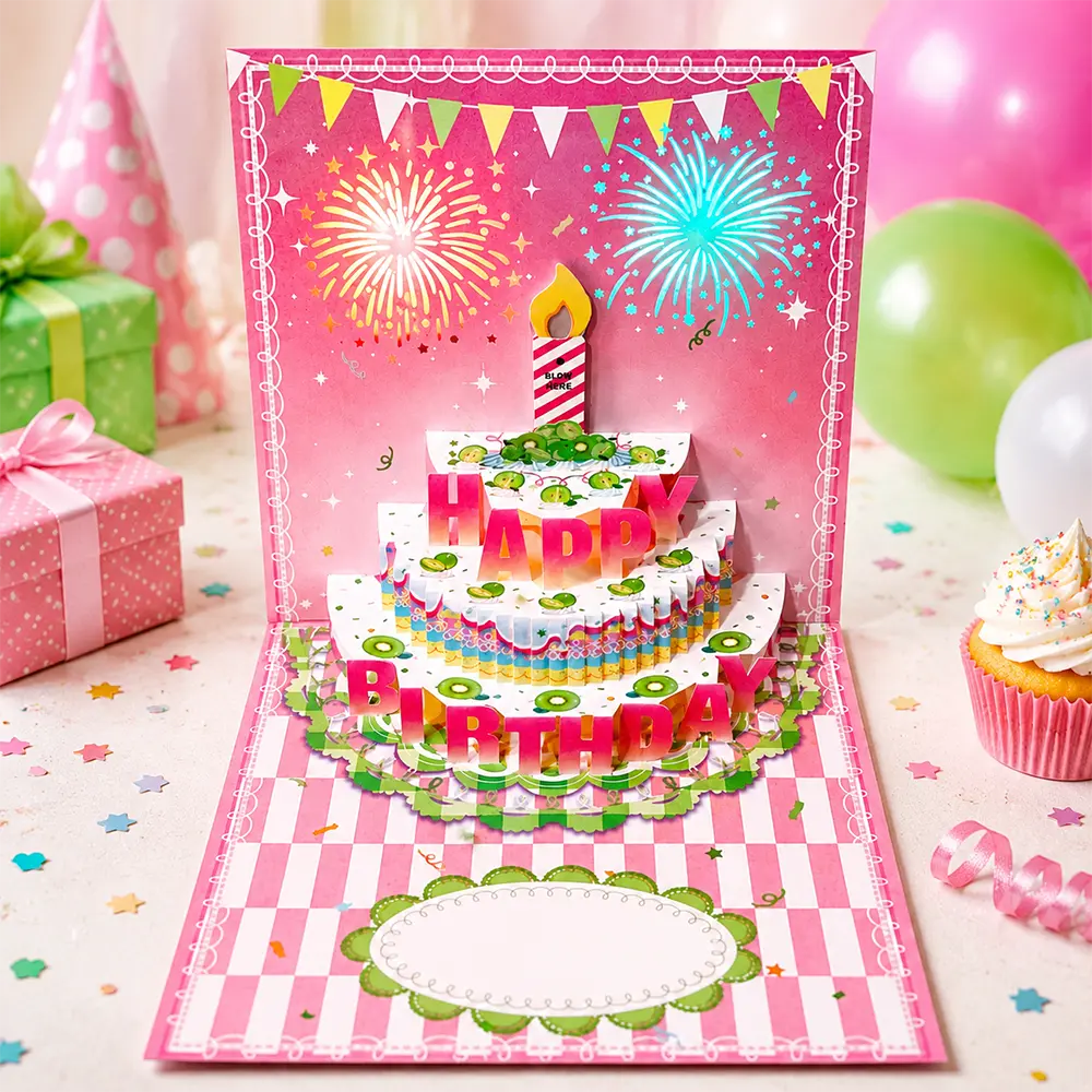3D Pop-up LED Light & Music Birthday Greeting Card with Blowable Candle, Colorful Fireworks Cake Design, Handmade Unique Surprise Meaningful Gift for Family, Friends (Office Stationery)