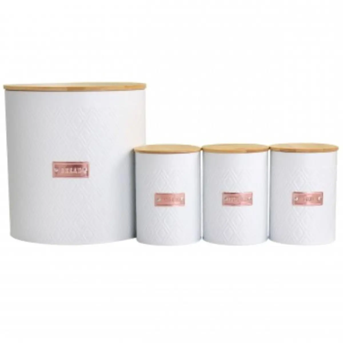 MegaChef MG-555 4-Piece Cylindrical Iron Body Powder Coat White Kitchen Food Storage Canister Set with Bamboo Lids, Diamond Print, for Home Use & Organization, Set Of 4