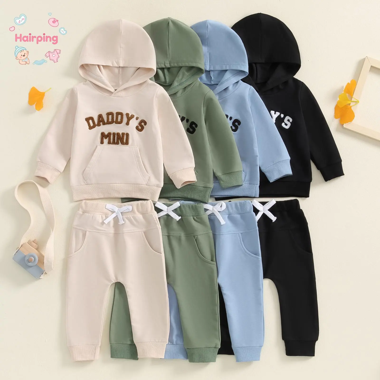 Boys' "Daddy's Mini" Letter Print 2-Piece Hoodie Tracksuit Set, Long Sleeves Soft Cotton Hooded Top & Jogger Pants for Holiday Family Reunion Casual Toddler Outfit, Elastic Waist