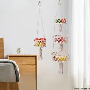 Handmade Cotton Rope Storage Basket with Bamboo Ring - Hangable Home Organizer, Mesh Sling for Fruit, Indoor Plant Decorative Accessory