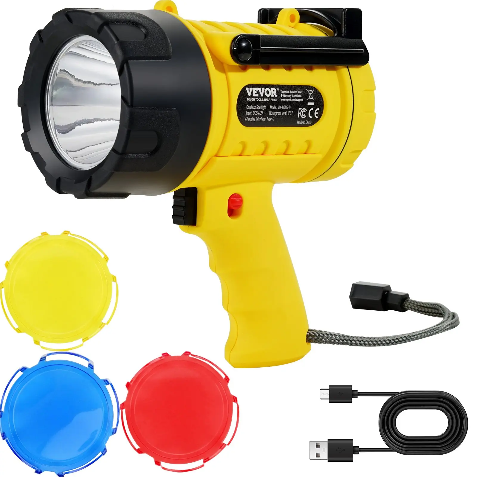 VEVOR Rechargeable Spotlight Flashlight, 1000, 000 Lumens, IP67 Waterproof Handheld LED Spot Light, Super Bright Portable Searchlight with 4 Modes Detachable Lens USB Port, for Hunting Boating Camping
