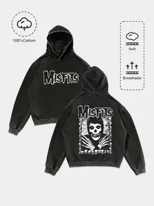 Dark Punk Style Misfits Skull Print Graphic Hoodie, 100% Cotton Vintage Craft, Soft Breathable, Loose Fit, Fall & Winter Streetwear Sweatshirts
