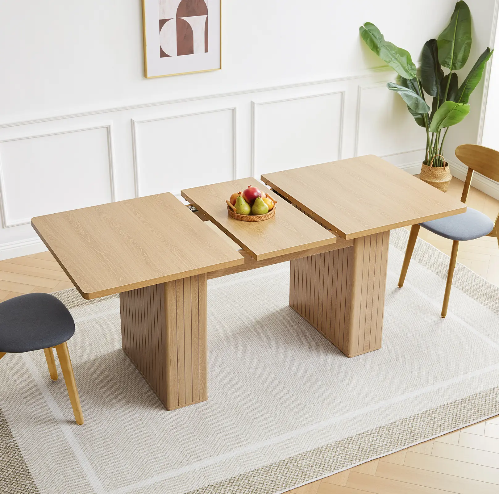 Giratree 55.1''-70.9'' Extendable Dining Table, Modern Farmhouse Rectangular Kitchen Table with Carved Line Base for Dining Room, Living Room and Home Office