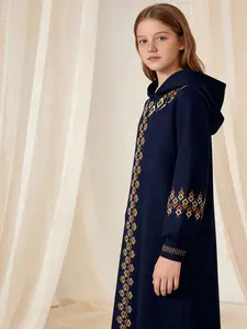 Muslim Children Hooded Robe Set, Comfortable Breathable Loose Fit, Daily Prayer Wear, Casual Parent-Child, Vintage Geometric Pattern, Tunic