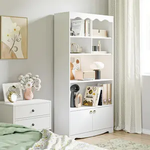63" Tall Bookshelf with Cabinet, 5-Tier Wood Bookcase with Wave Top, 6 Cubes & 2 Door Cabinets, Modern Display Storage Shelves with Gold Handles for Living Room, Bedroom & Home Office, White