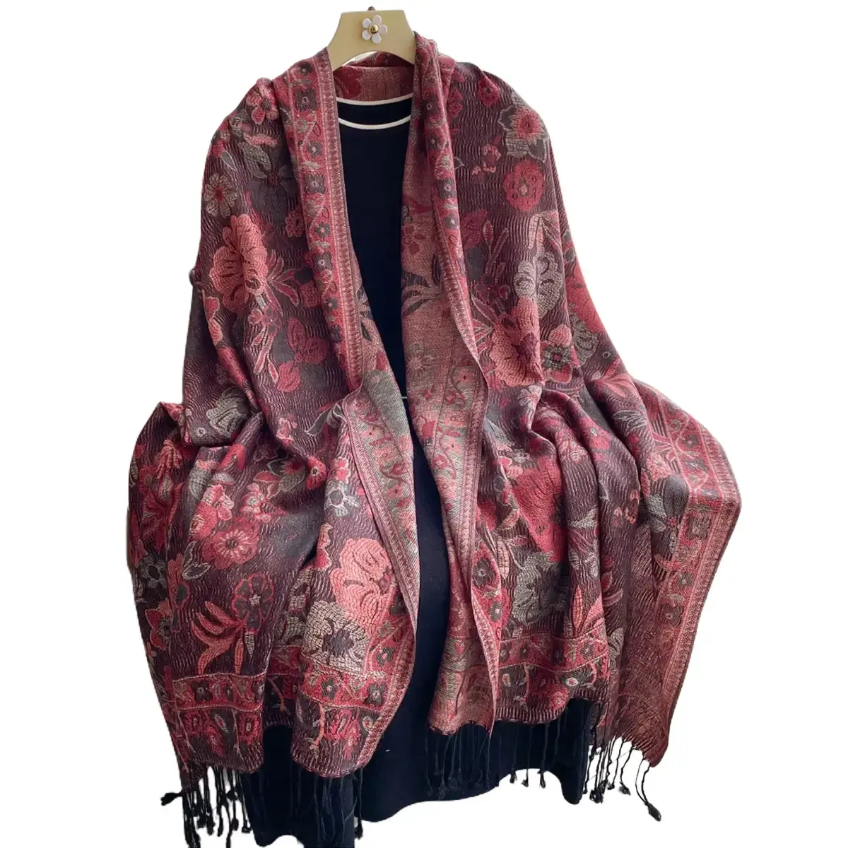 Boho Pashmina Scarf – Elegant Paisley Print Shawl, Long Fringe All-Season Fashion Wrap