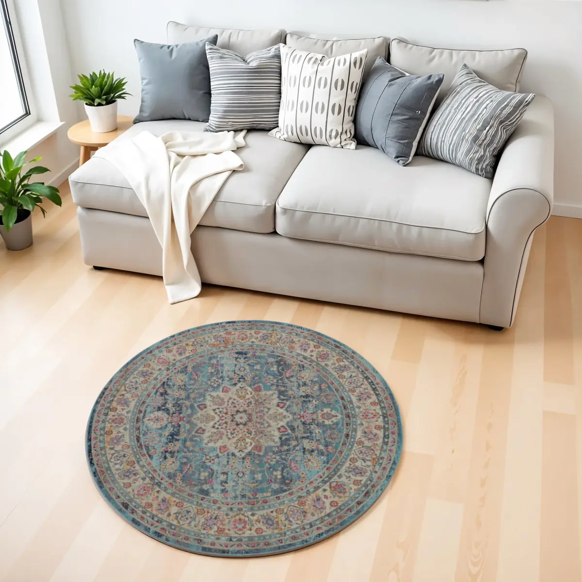 HomeRoots 552443 4 ft. Distressed Floral Round Rug - Blue & Beige, Traditional, 2-Toned, Child-Friendly Blue Area Rug, Blue Area Rugs, Child-Friendly Area Rugs