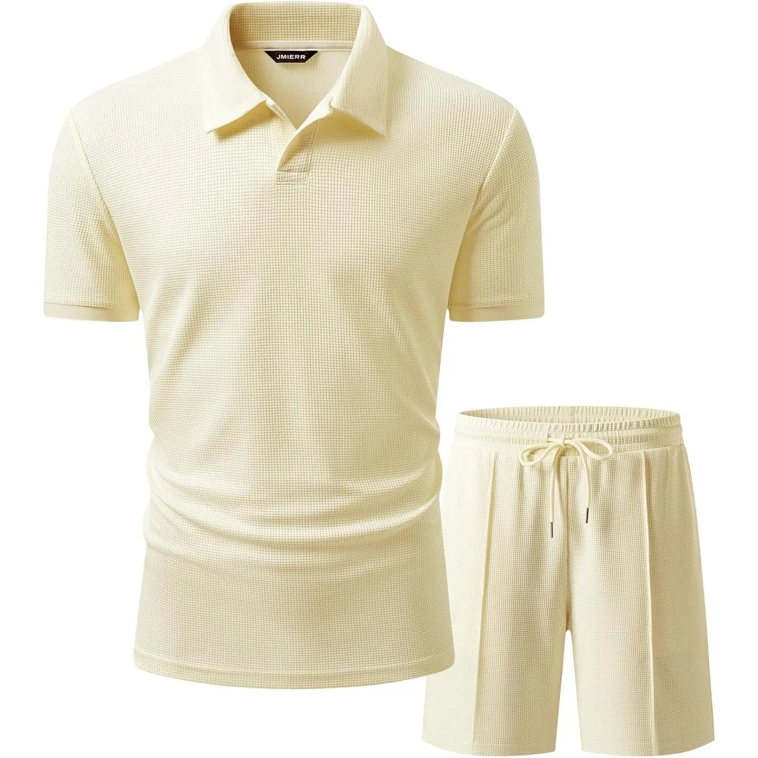 JMIEER Men's Waffle Knit Two Piece Outfit Casual Tracksuit Short Sleeve Golf Polo Shirts and Shorts Set for Summer Vacation