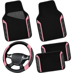 Microfiber Steering Wheel Cover and Waterproof Car Floor Mats,Leather Universal Car Combo Fit for 95% Truck,SUV,Cars,14.5-15inch Sporty Anti-Slip Safety Comfortable Design(Black and Pink)