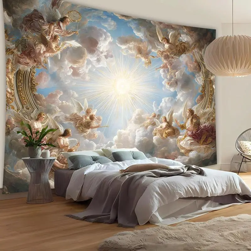 1pc Ultra Large Classical Sun Angel Landscape Tapestry - Premium Polyester HD Digital Print Wall Decor, Room Art, Home Supplies with Golden Clouds, Cherubs, Wrinkle Resistant Fabric, Hand-Stitched Edges, No Installation Needed for Indoor/Outdoor Use