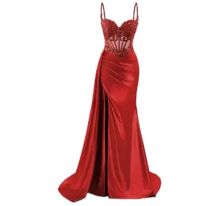 Long Satin Spaghetti Straps Mermaid Lace Formal Dresses Evening Party Gowns with Slit