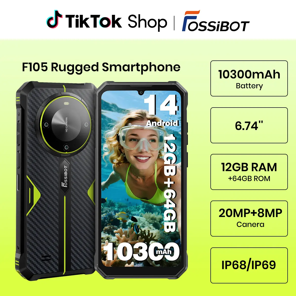 FOSSIBOT Rugged Smartphone Unlocked,12+64GB/128GB Cellphone,10000+mAh Battery,20MP+8MP Waterproof Phones, 6.745” HD Display Display,IP68/IP69K/Dual Sim/2026 Black