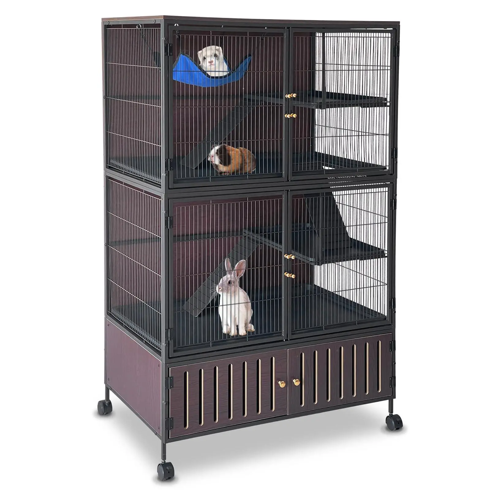 Large Ferret Cage with Locker, 59" H Rolling Ferret Nation Cage for Guinea Pigs, Rabbits, Chinchillas, Includes Ferret Cage Liner Hammock, Removable Ramps, Trays-Red