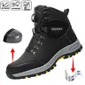 Men's Minimalist Steel Toe Work Footwear - Waterproof Leather Upper, Abrasion-Resistant Fabric, Synthetic Cloth, Buckles, Slip-Resistant MD Sole, Steel-Toe Shield, Above the Ankle But Below the Knee, All Seasons Multi-Protection for Wet Work Floors